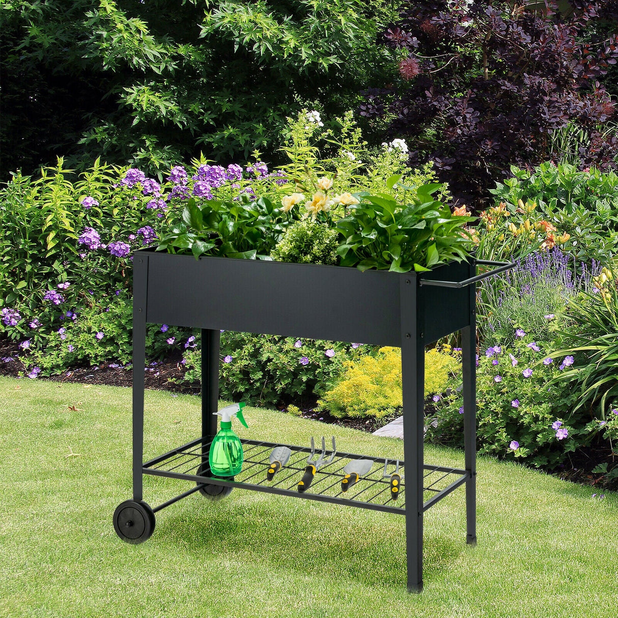 Cama de jardín elevada, maceta alta con ruedas, maceta de acero con estante, negra