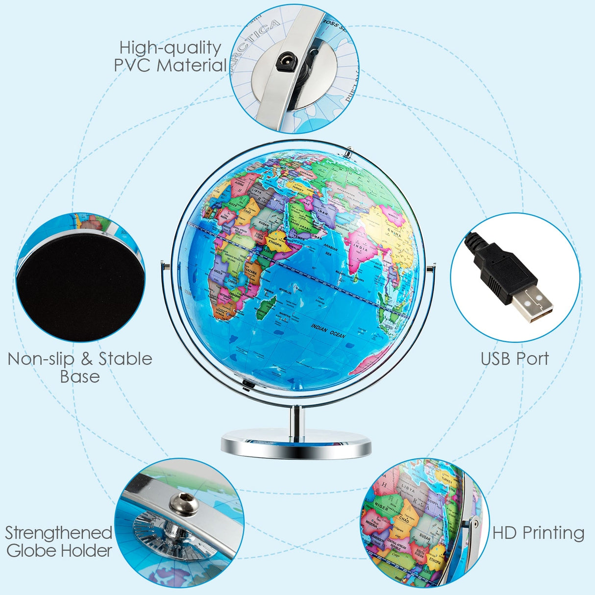 Globo terráqueo iluminado de 13 pulgadas, mapa giratorio 720° con luz LED