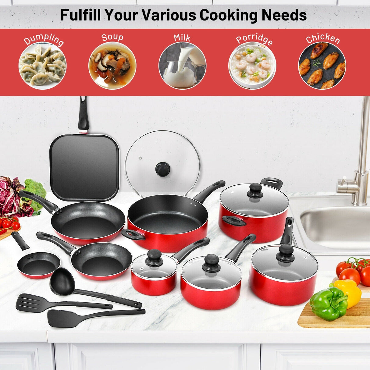 Juego de ollas y sartenes de cocina antiadherentes anodizado duro de 17 piezas