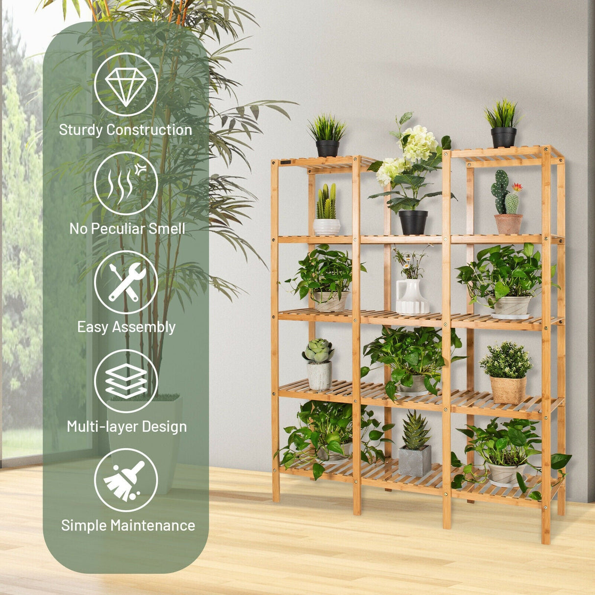 Estante multifuncional de bambú para exhibición de plantas y flores
