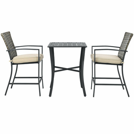 Juego de muebles de bar de ratán de 3 piezas con mesa de listones y 2 taburetes acolchados