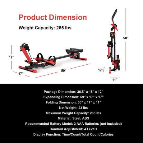 Máquina de remo plegable 4 en 1 con panel de control para gimnasio en casa