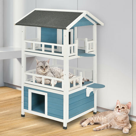 Catio de madera para gatos de 2 pisos para exteriores con recinto y refugio