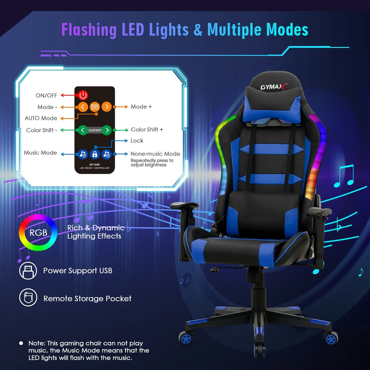 Silla Gaming Giratoria Ajustable con Luces LED y Mando a Distancia