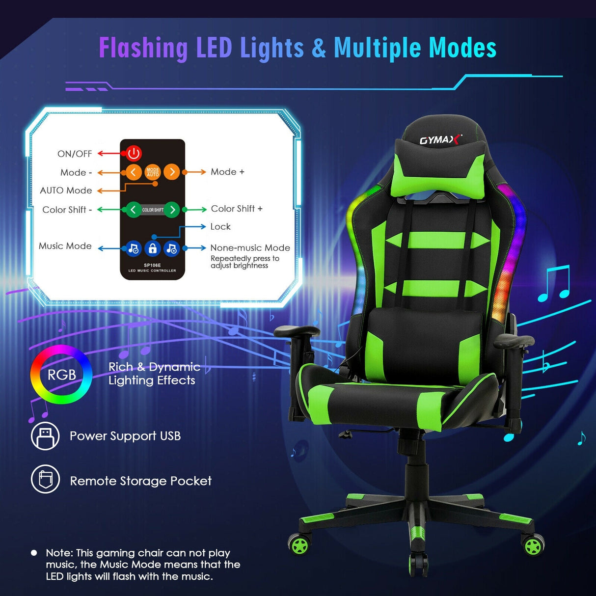 Silla Gaming Giratoria Ajustable con Luces LED y Mando a Distancia