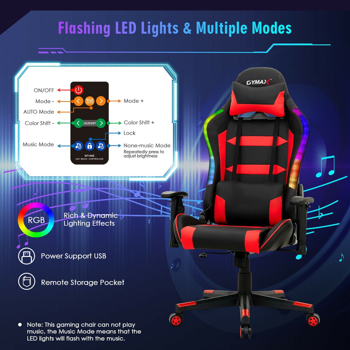 Silla Gaming Giratoria Ajustable con Luces LED y Mando a Distancia