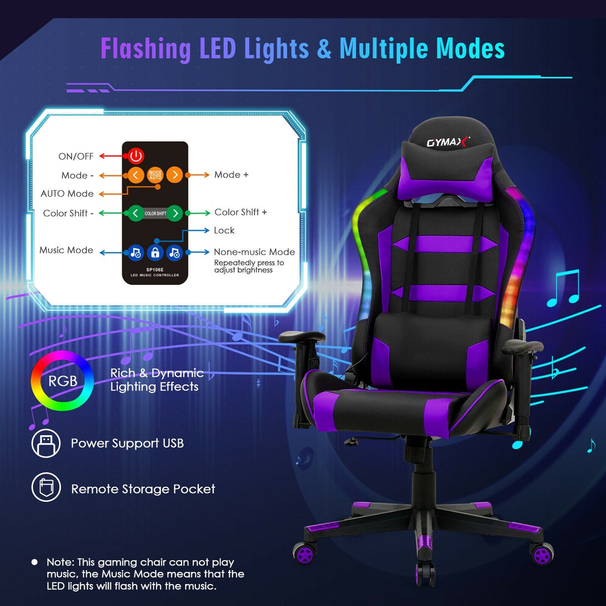 Silla Gaming Giratoria Ajustable con Luces LED y Mando a Distancia