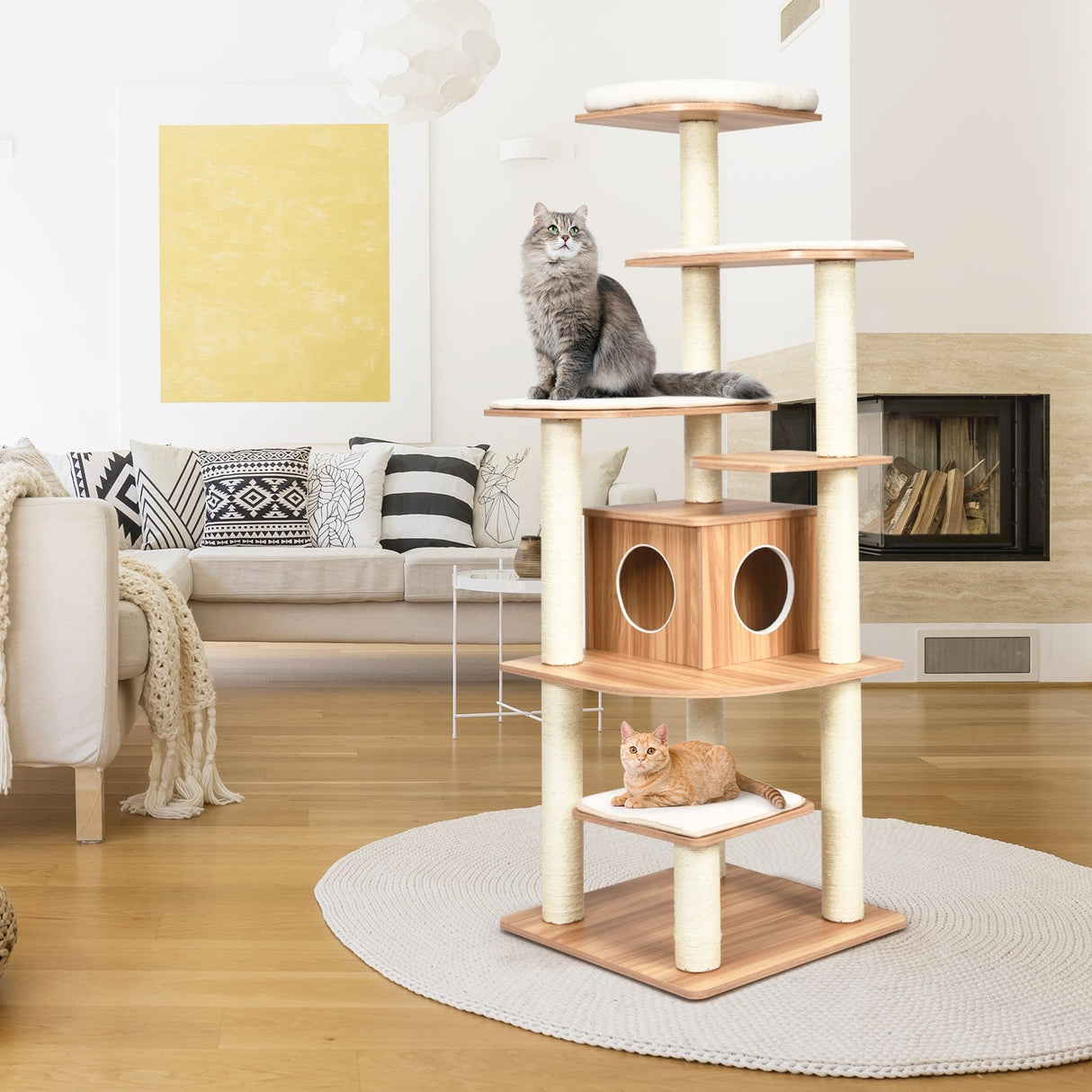 Árbol para gatos de madera de 7 niveles, torre alta para gatos con postes de sisal y condominio