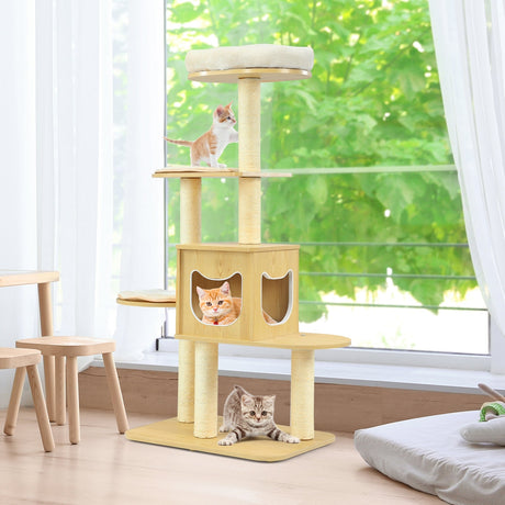 Torre para gatos moderna de madera de 4 niveles con alfombrillas lavables - Nogal