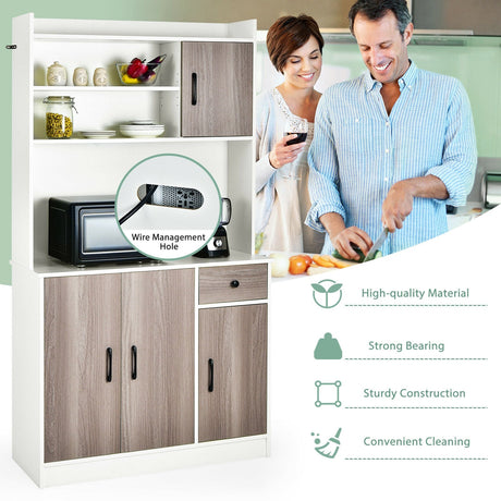 Buffet de cocina independiente de 4 puertas con vitrina y estantes ajustables