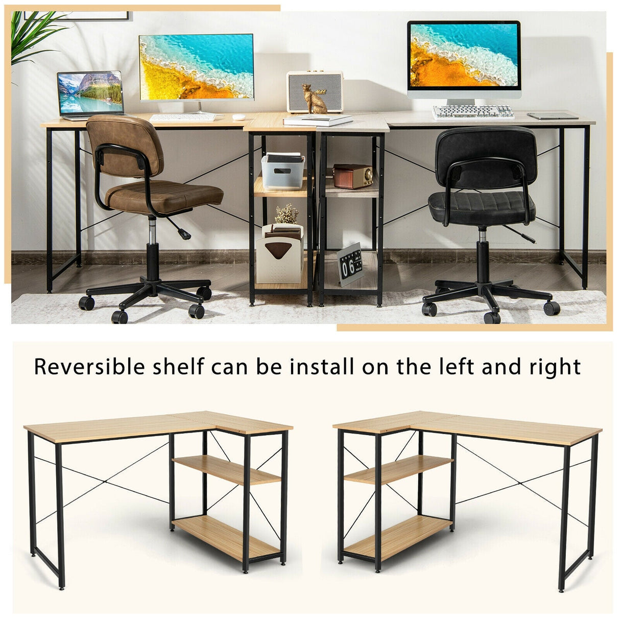 Escritorio para computadora en forma de L reversible de 48 pulgadas con estante ajustable