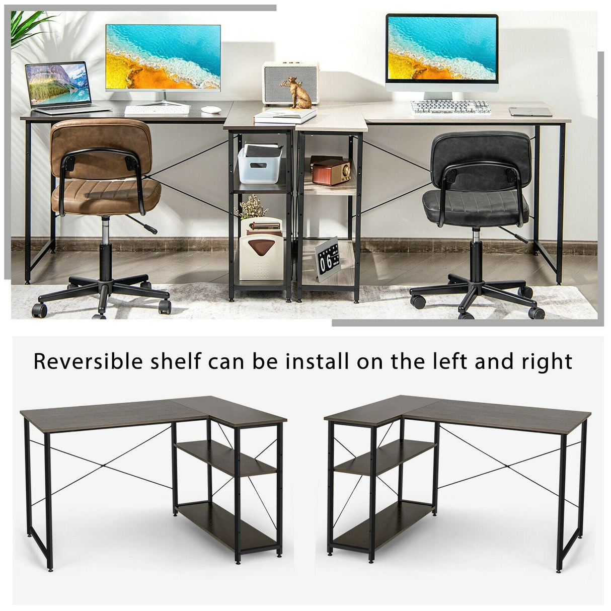 Escritorio para computadora en forma de L reversible de 48 pulgadas con estante ajustable