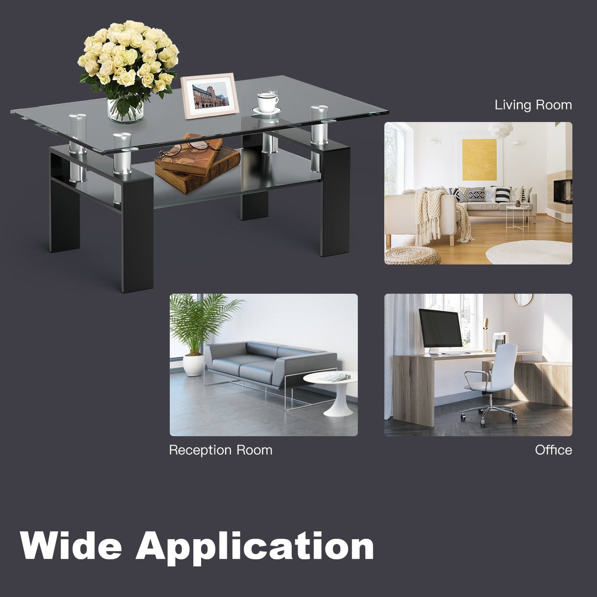Mesa de centro rectangular de cristal con patas metálicas para salón