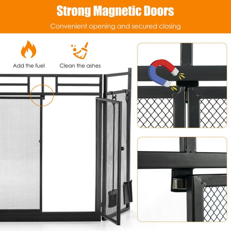 Pantalla plegable de hierro forjado de 3 paneles para chimenea con puertas y juego de 4 herramientas - Negro