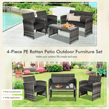 Juego de muebles de patio de ratán de 4 piezas con mesa de cristal y sofá de dos plazas - Gris