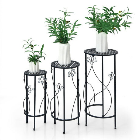 Set de 3 soportes de metal para plantas con detalles florales de cristal redondos - Negros