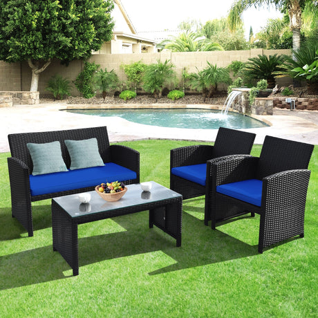 Juego de muebles de patio de ratán de 4 piezas con cojines resistentes a la intemperie y mesa de vidrio templado