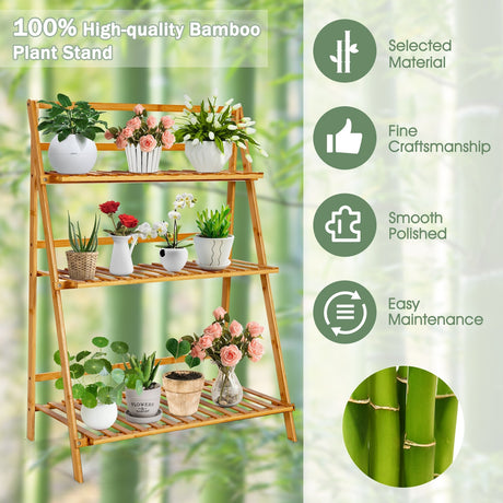 Estantería plegable de bambú de 3 niveles para plantas con estante de exhibición - Natural