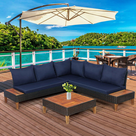 Juego de muebles de ratán acolchados para patio de 4 piezas con mesa auxiliar de madera