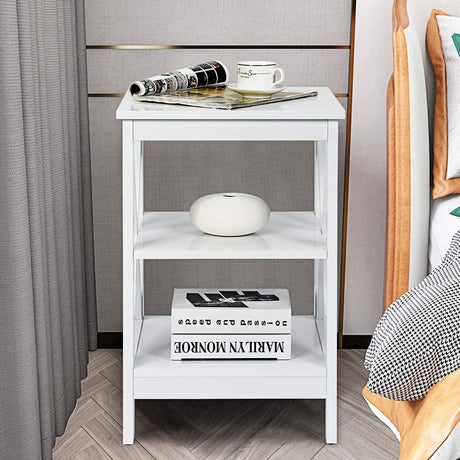 Mesitas de noche de 3 niveles con diseño en X y estantes de almacenamiento para sala de estar y dormitorio