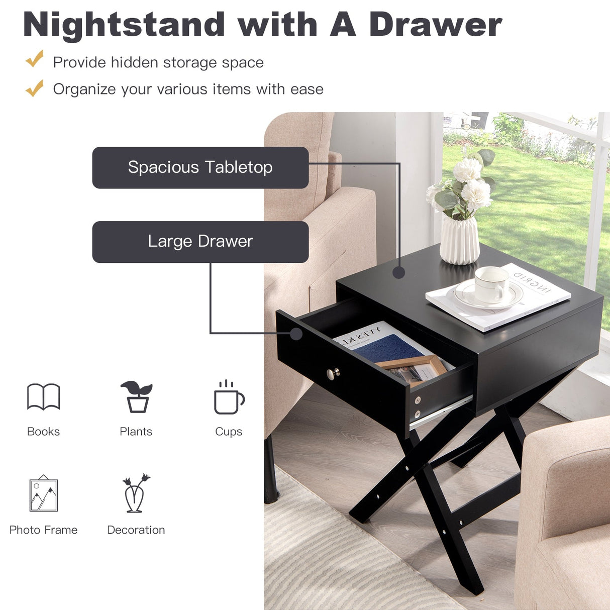 Mesita de noche moderna en forma de X con cajón para sala de estar o dormitorio