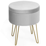 Taburete otomano redondo de terciopelo con almacenamiento, reposapiés, silla de tocador con patas de metal