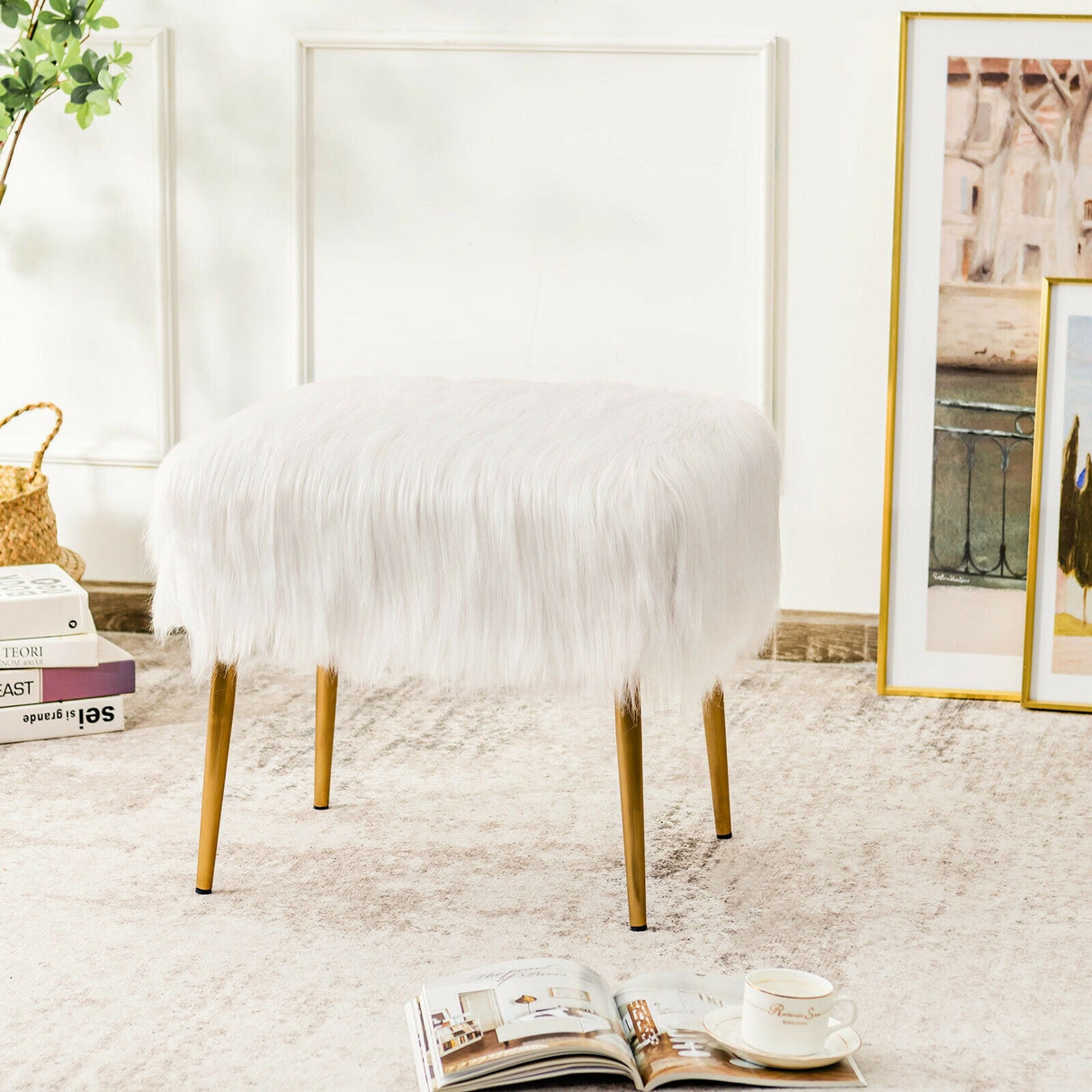 Taburete de Tocador de Pelo Sintético con Patas de Metal Doradas para Sala de Maquillaje