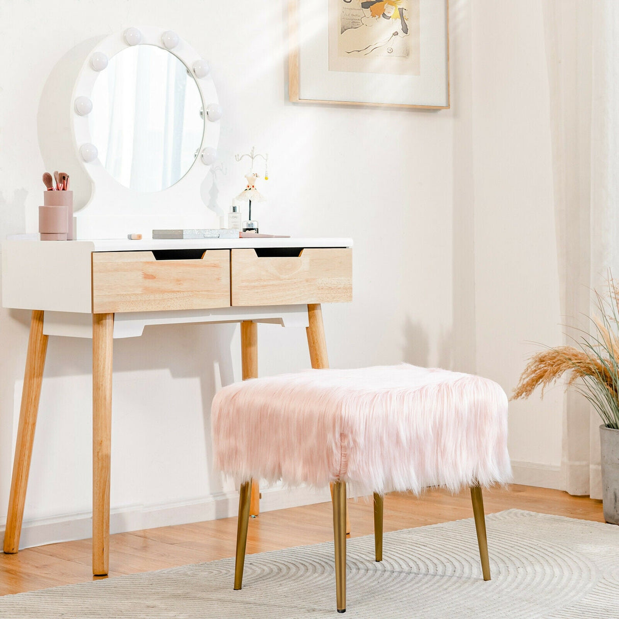 Taburete de Tocador de Pelo Sintético con Patas de Metal Doradas para Sala de Maquillaje