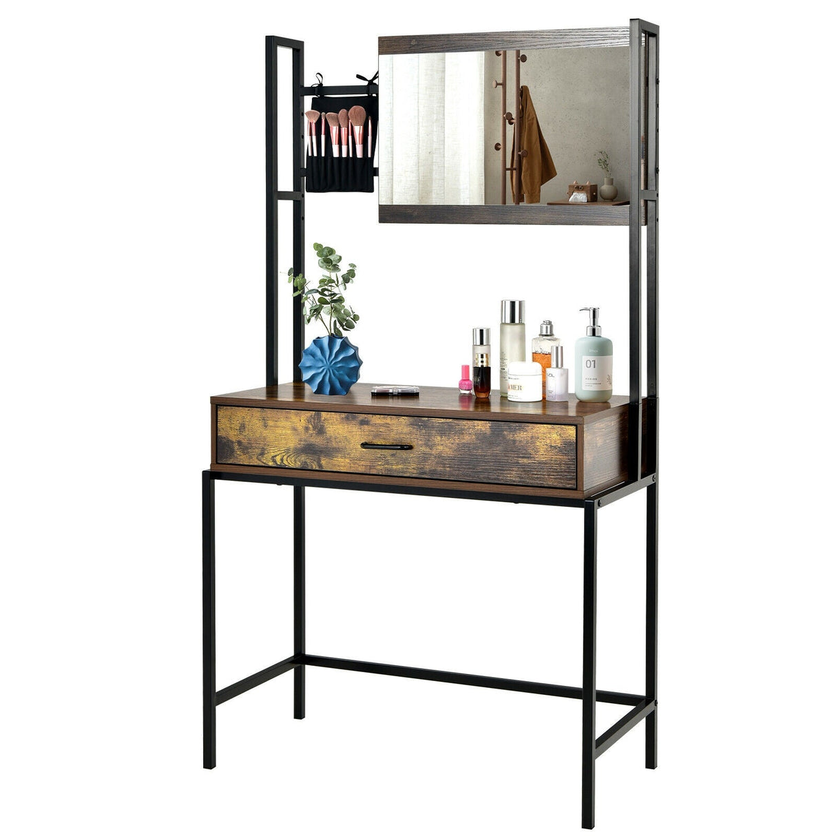 Mesa de tocador industrial con espejo de 3 alturas ajustables y bolsa-Marrón