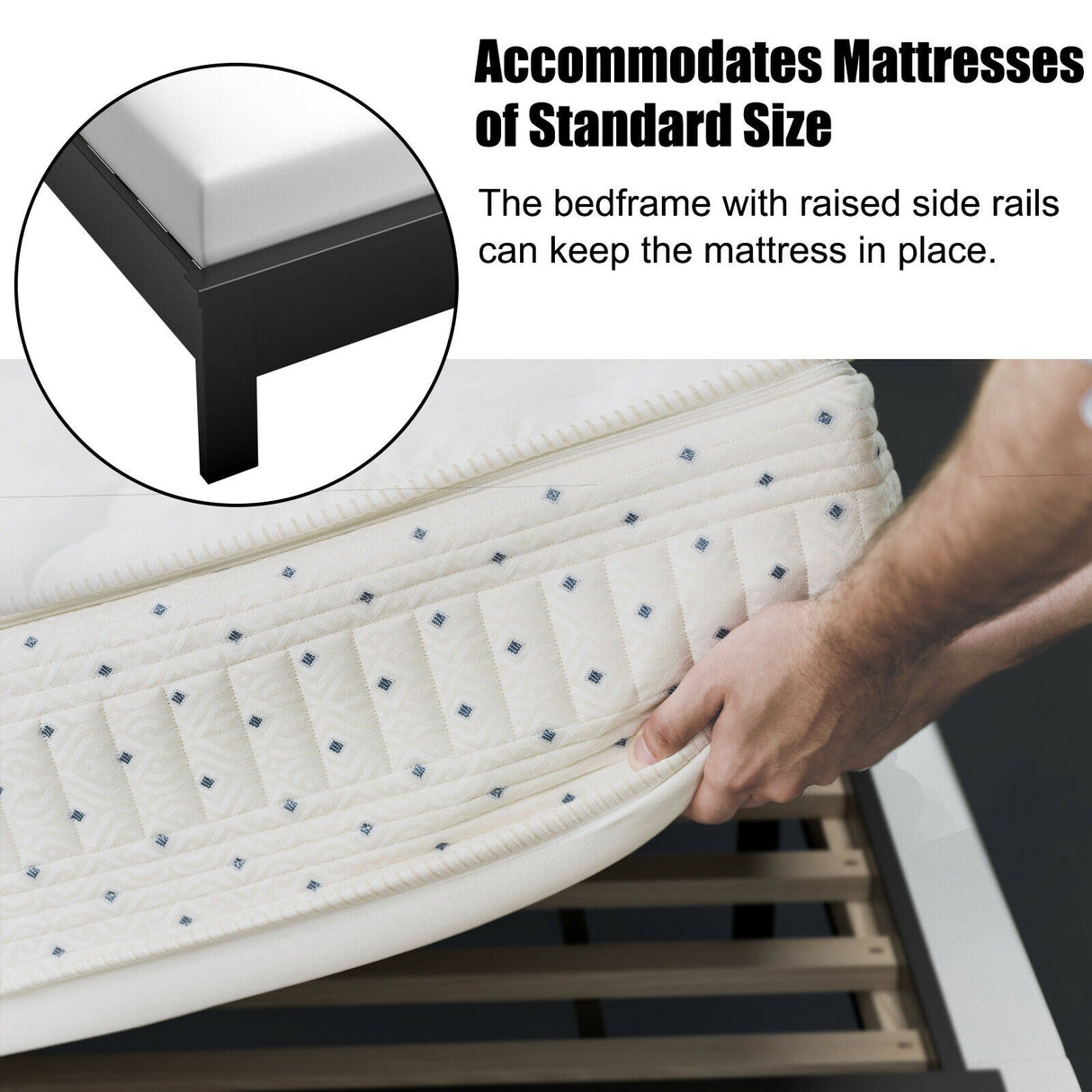 Base de cama de plataforma de tamaño matrimonial con somier de listones y cabecero alto
