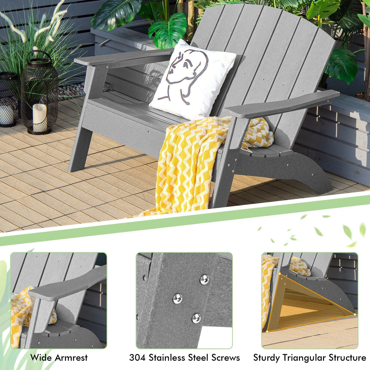 Sillón Adirondack de patio de HDPE para porche, jardín, patio trasero - Gris