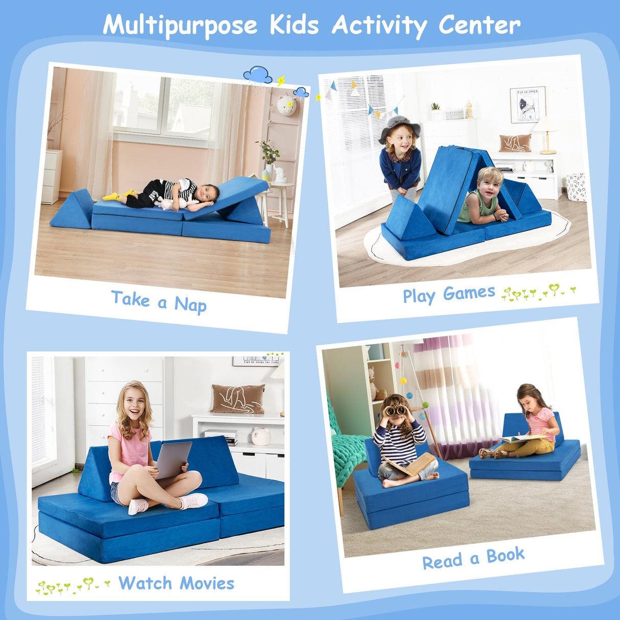 Juego de sofá convertible para niños de 4 piezas con 2 alfombrillas plegables - Amarillo