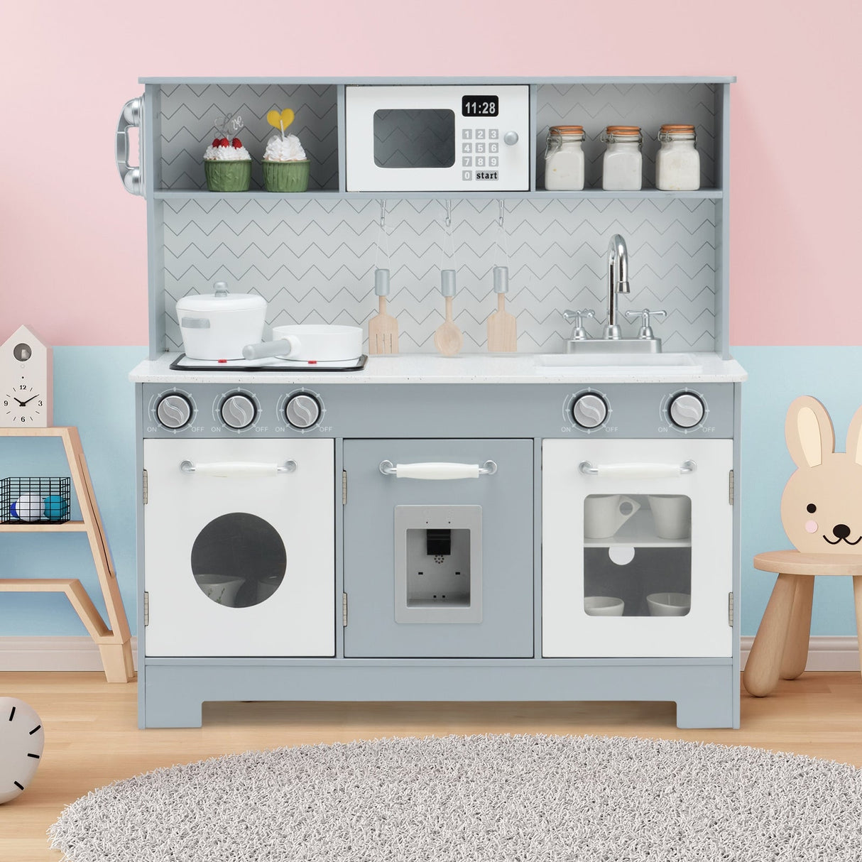 Juego de cocina de juguete de madera para niños con luces y sonidos realistas