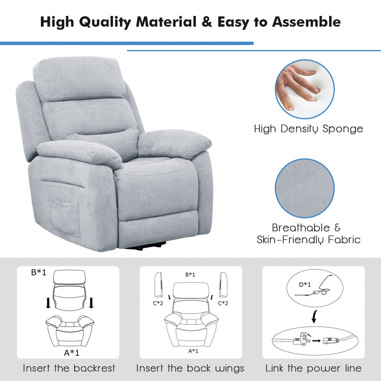 Sofá reclinable eléctrico con bolsillo lateral y control remoto