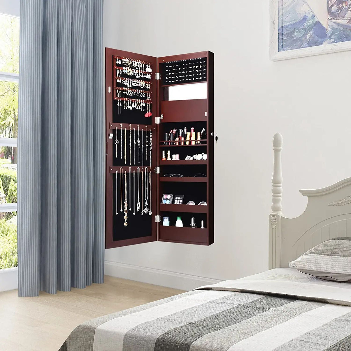 Joyero con espejo para puerta de pared con cerradura y luces LED