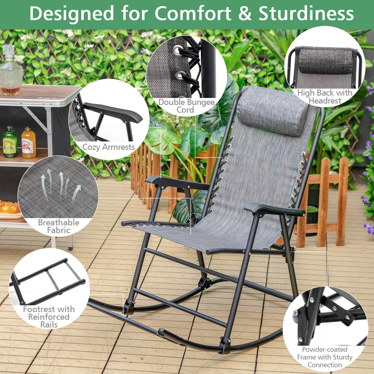 Sillón mecedora plegable liviano para exteriores con reposapiés