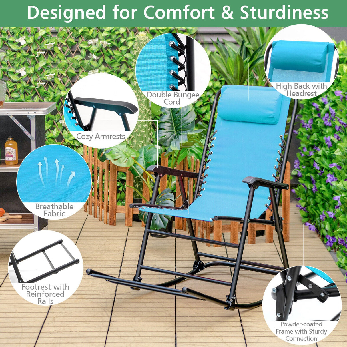 Sillón mecedora plegable liviano para exteriores con reposapiés