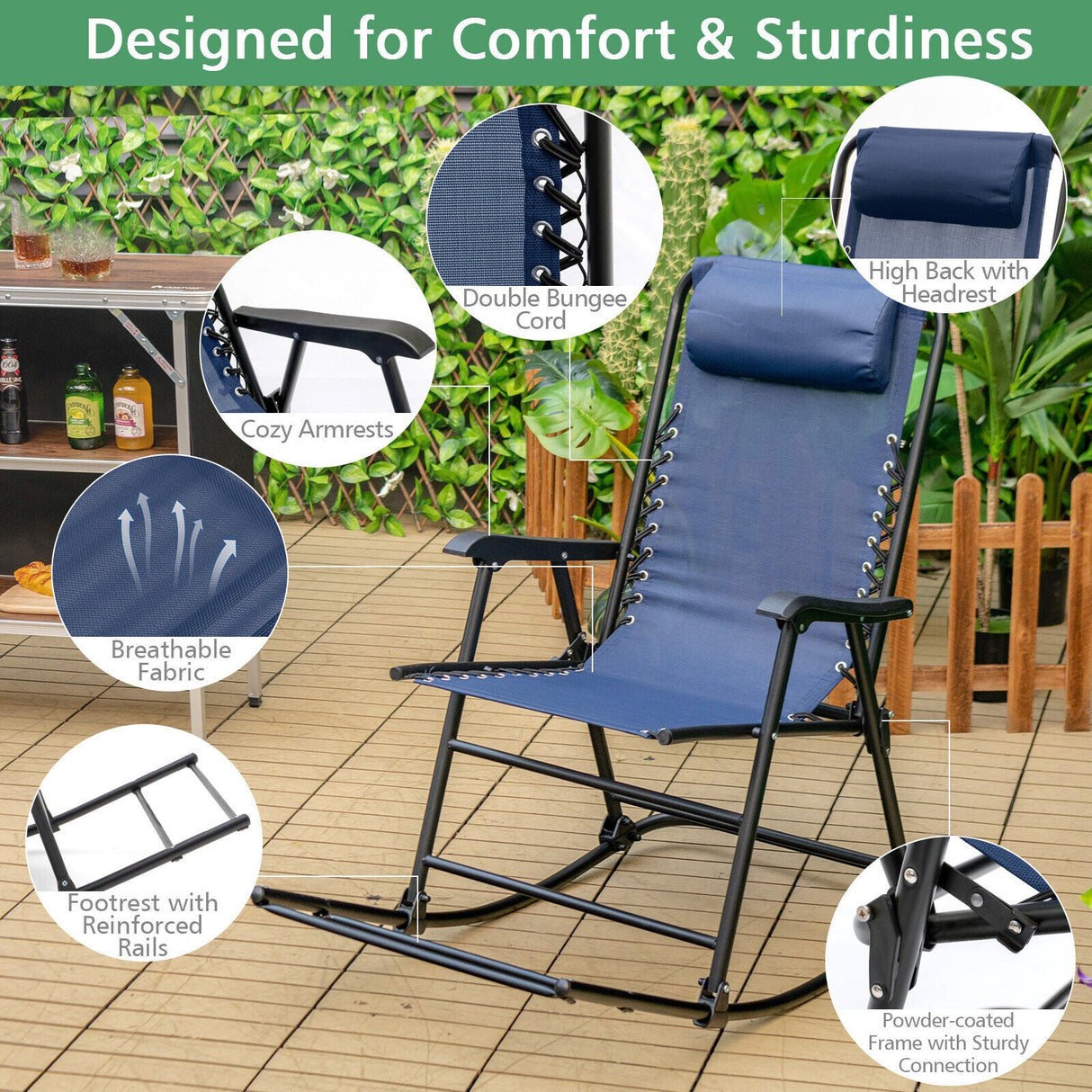 Sillón mecedora plegable liviano para exteriores con reposapiés