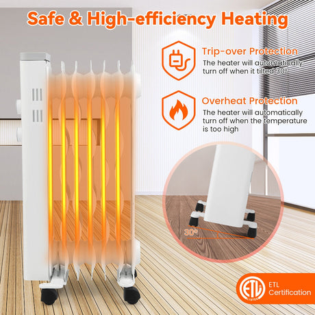 Calentador espacial de aceite de 1500W con ruedas universales y 3 niveles de calor-Blanco
