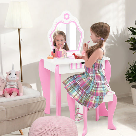 Set de tocador 2 en 1 para niños pequeños con tapa desmontable y bonitos estampados de flores - Blanco