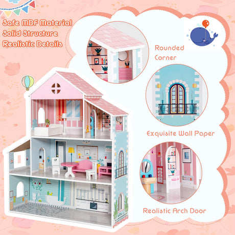 Casa de muñecas de 3 niveles con muebles, regalo para mayores de 3 años