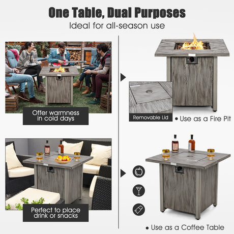 Mesa fogata cuadrada de 28 pulgadas y 40 000 BTU con tapa y rocas de lava-Gris
