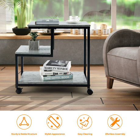 Mesa auxiliar de 3 niveles con almacenamiento y ruedas universales para sala de estar y dormitorio-Negro