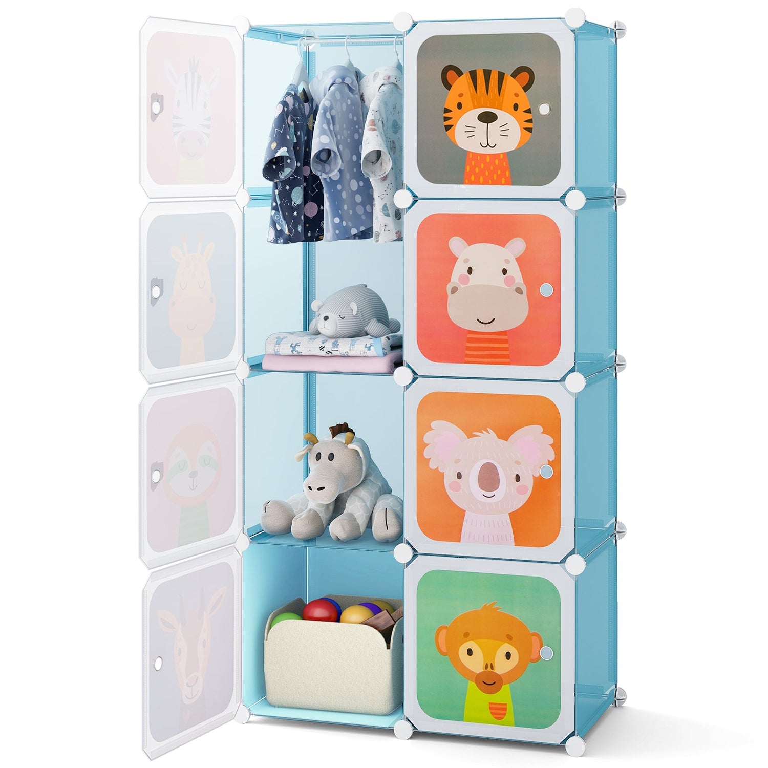 Armario infantil de 8 cubos con sección para colgar ropa y puertas - Rosa