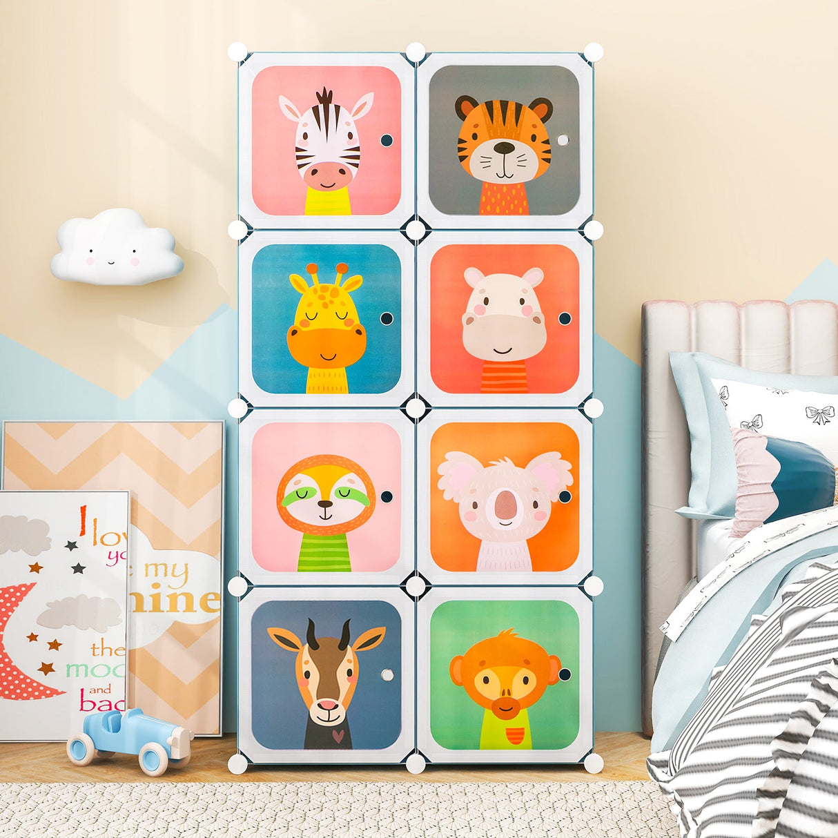 Armario infantil de 8 cubos con sección para colgar ropa y puertas - Rosa