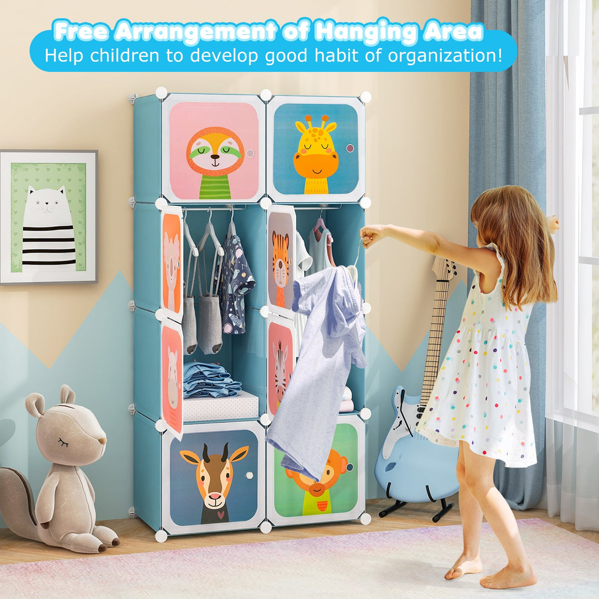 Armario infantil de 8 cubos con sección para colgar ropa y puertas - Rosa