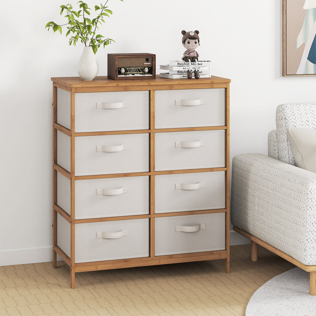 Cómoda de 8 cajones con cubos de tela extraíbles para dormitorio - Beige