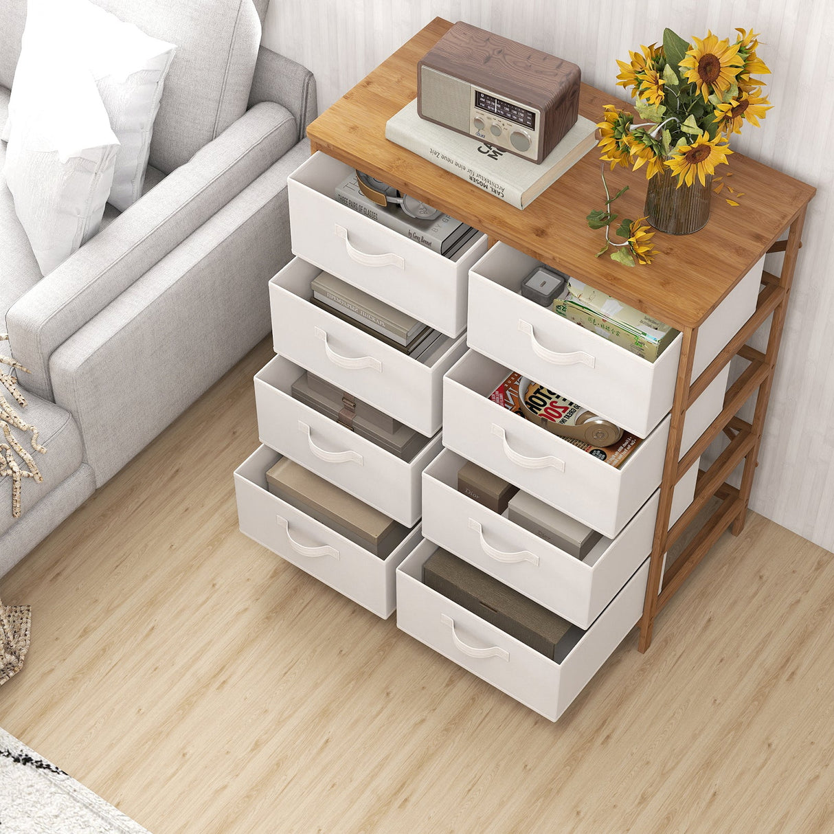 Cómoda de 8 cajones con cubos de tela extraíbles para dormitorio - Beige
