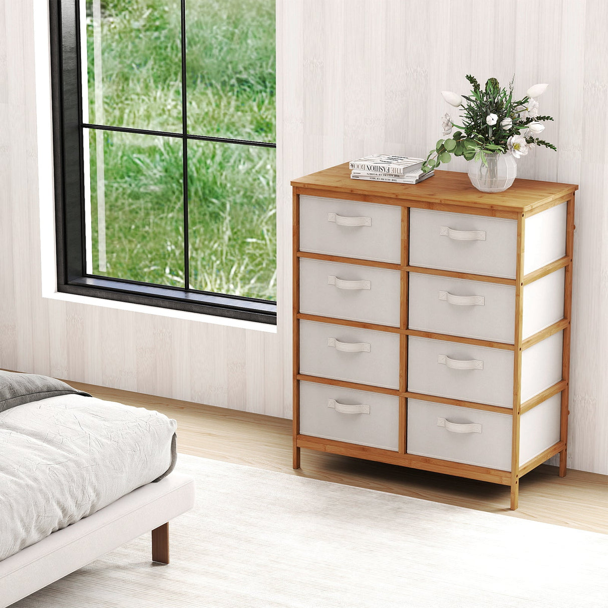 Cómoda de 8 cajones con cubos de tela extraíbles para dormitorio - Beige