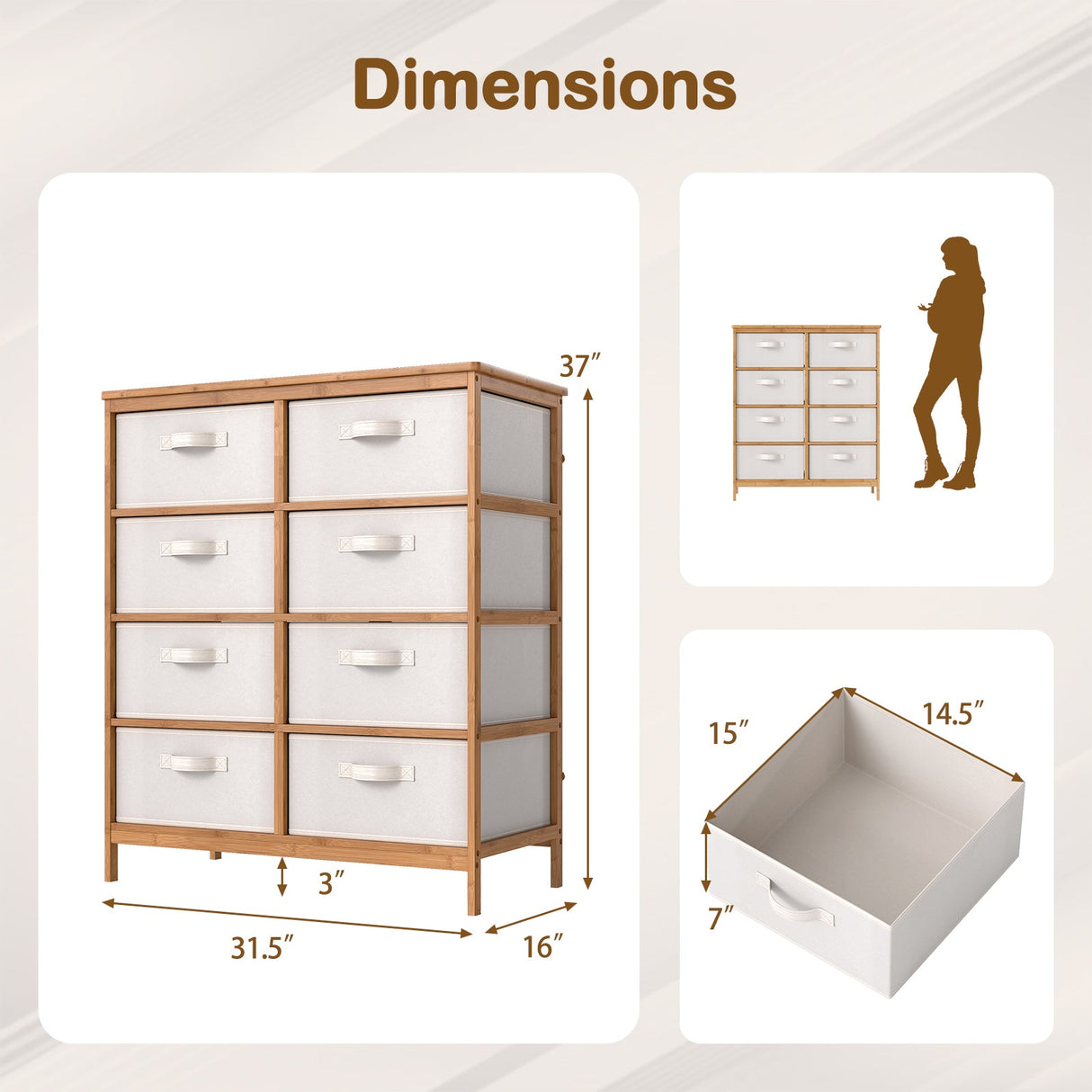 Cómoda de 8 cajones con cubos de tela extraíbles para dormitorio - Beige